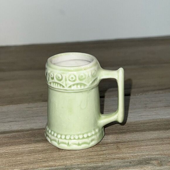 Original Vtg Mini Vase Green Ceramic Pottery Pitcher Toothpick Holder Marked - Picture 5 of 8